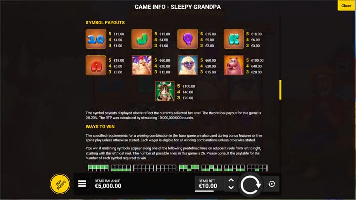 Sleepy Grandpa slot paytable