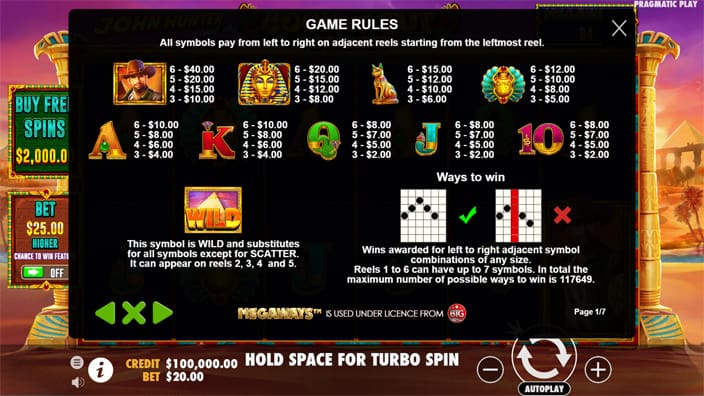 Book of Tut Megaways slot paytable