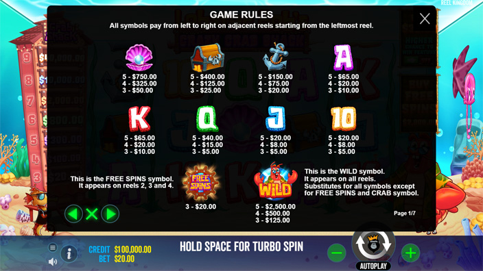 Lobster Bobs Crazy Crab Shack slot paytable