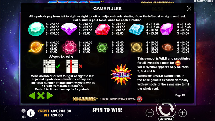 Starz Megaways slot paytable