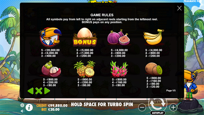 Tucanito slot paytable