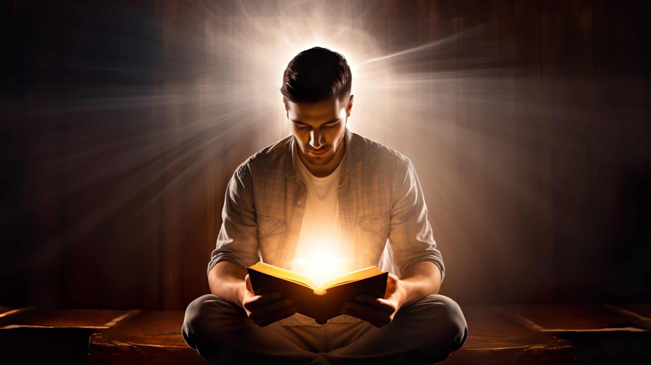 A man reading a book while holding a candle illumination background art