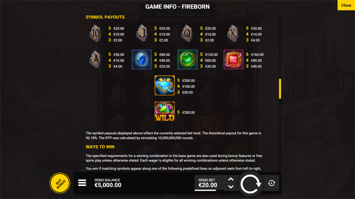 Fireborn slot paytable