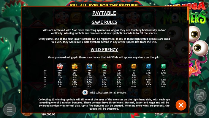 Super Mega Monsters slot paytable