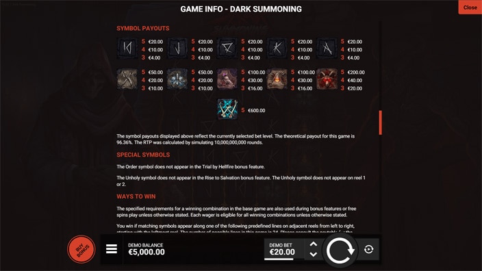 Dark Summoning slot paytable