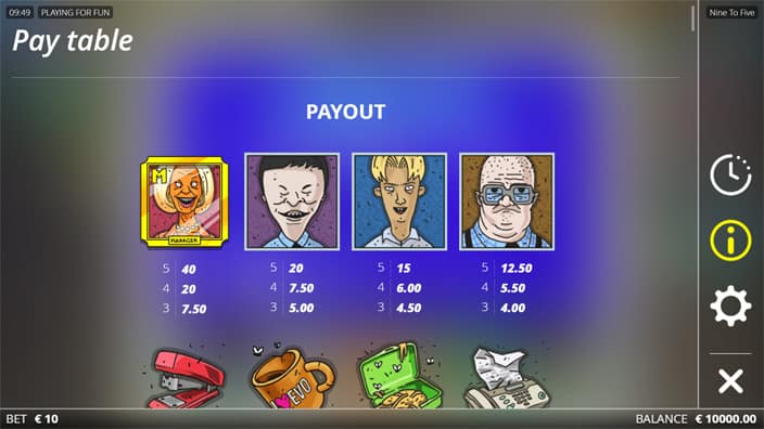 Nine to Five slot paytable