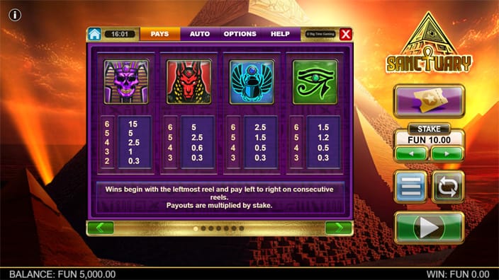 Sanctuary slot paytable