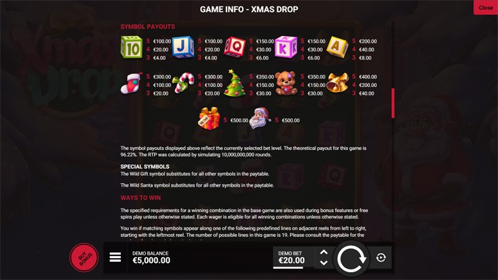 Xmas Drop slot paytable