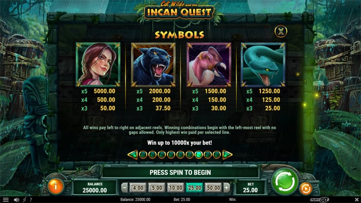 Cat Wilde and the Incan Quest slot paytable