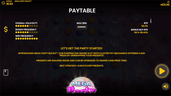 Mega Party Bucks slot paytable