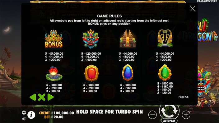 Bali Dragon slot paytable