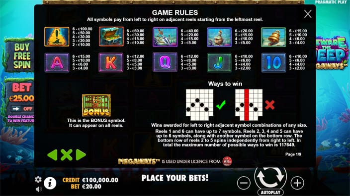 Beware the Deep Megaways slot paytable