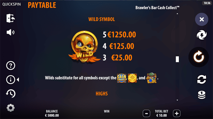 Brawlers Bar Cash Collect slot paytable