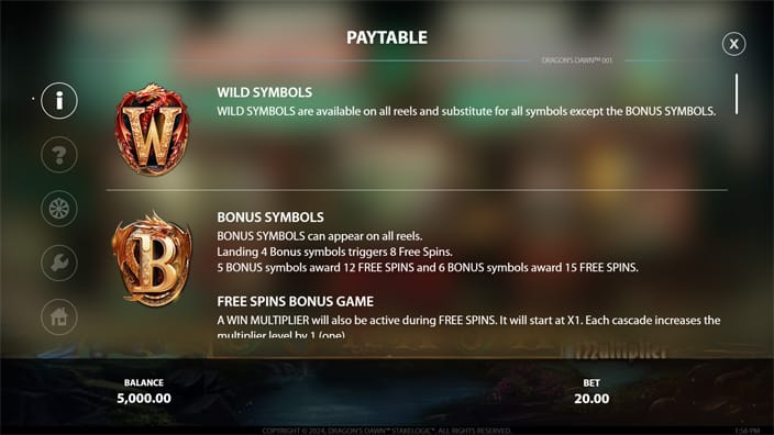 Dragons Dawn slot paytable