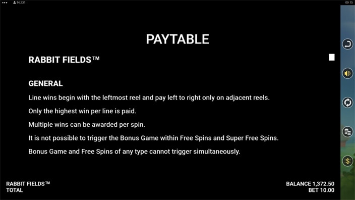 Rabbit Fields slot paytable