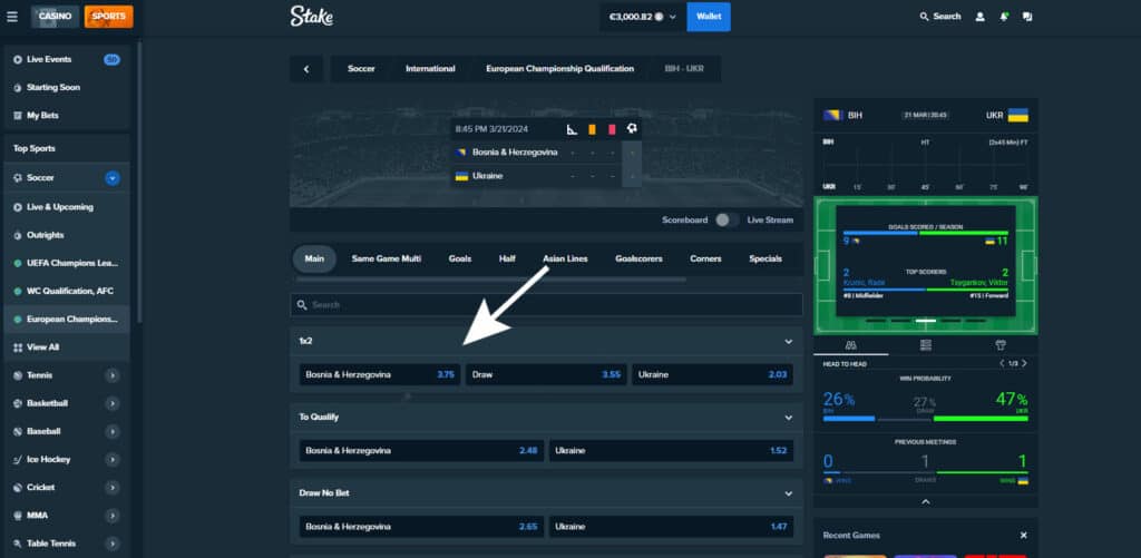 How to bet on football match on stake step 5