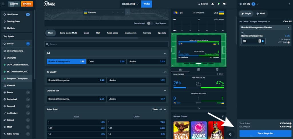 How to bet on football match on stake step 6