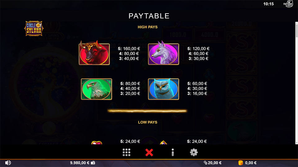 Circle of Sylvan slot paytable