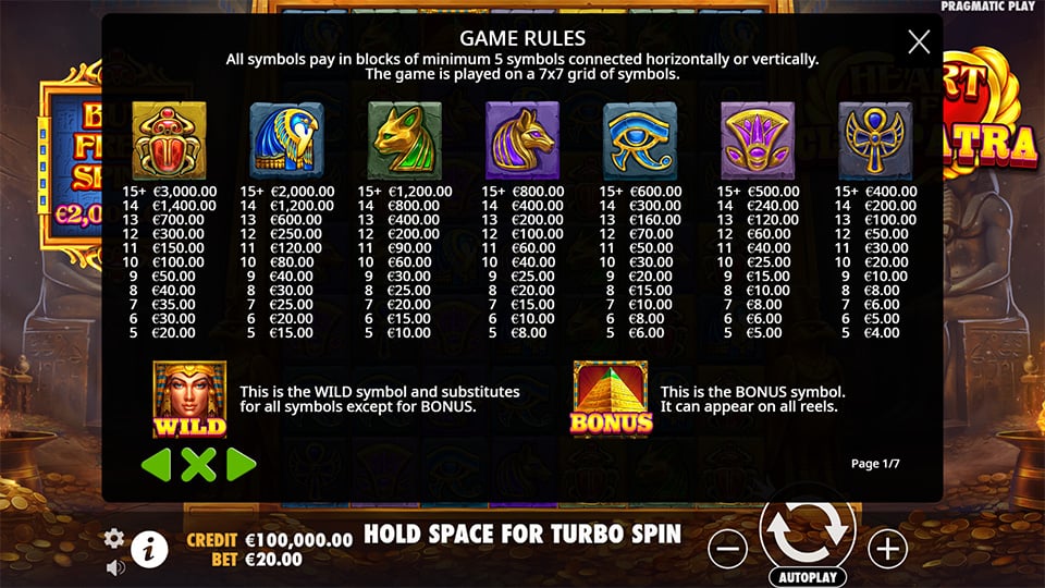 Heart of Cleopatra slot paytable