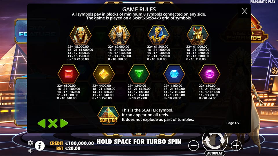 Rise of Pyramids slot paytable