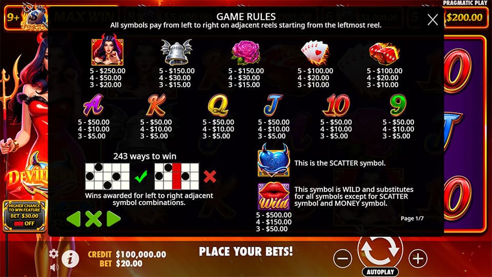 Devilicious slot paytable