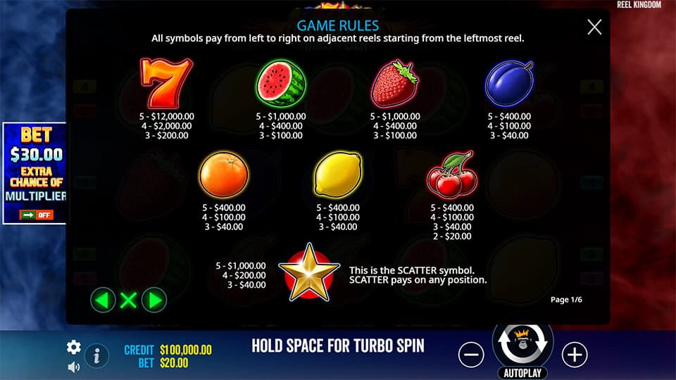 Hot to Burn Multiplier slot paytable