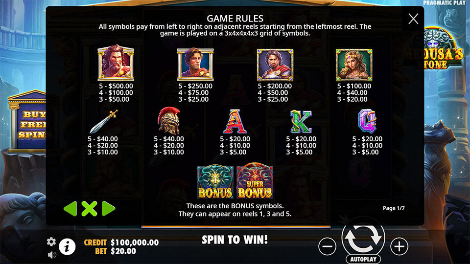 Medusas Stone slot paytable