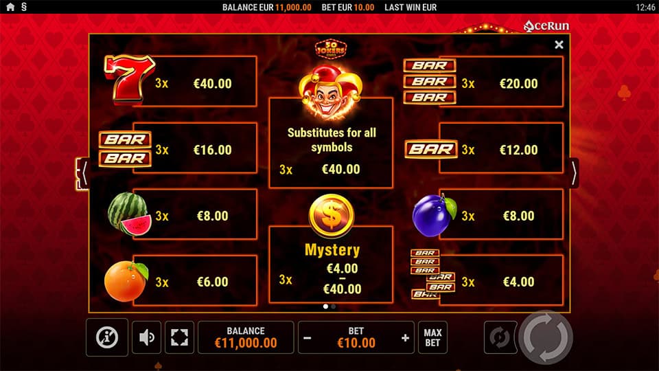 50 Jokers Hotfire slot paytable