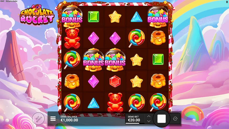 Four Star Scatter symbols appearing in Chocolate Rocket slot, triggering the Wild Rocket Festival bonus.