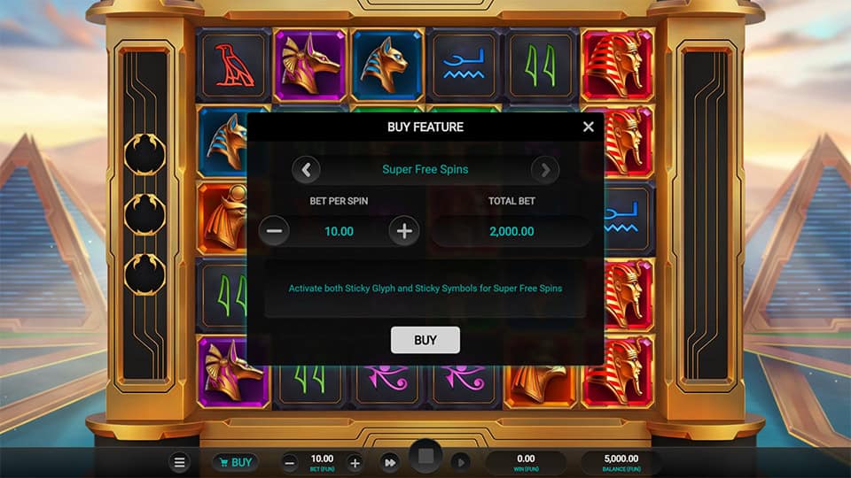 Buy Feature in Glyph of Gods slot offering Regular Free Spins for 50x the bet (choose Sticky Glyphs or Sticky Symbols) and Super Free Spins for 200x the bet, activating both features together.