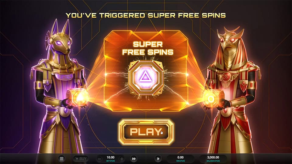 Super Free Spins bonus screen in Glyph of Gods slot appearing before the feature starts.