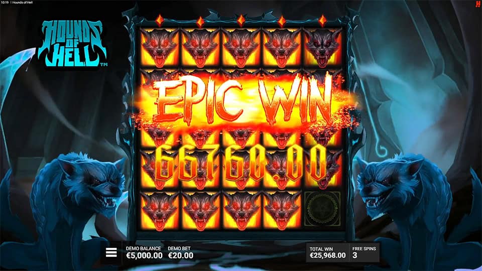 Epic win screen in Hounds of Hell slot displaying a €66,760 payout.