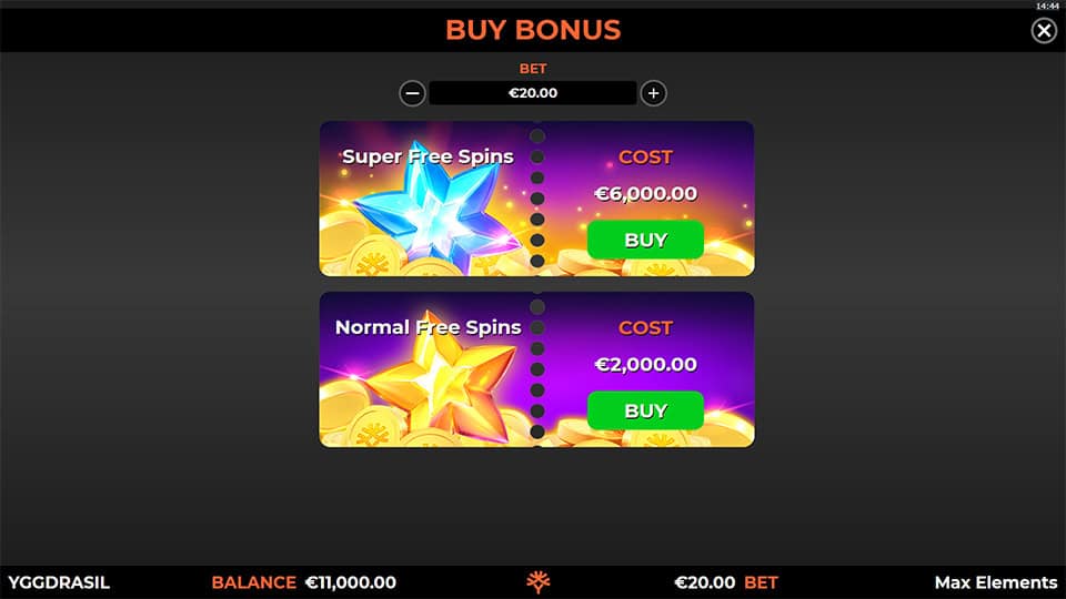 Buy Bonus feature in Max Elements slot offering Normal Free Spins for 100x the bet and Super Free Spins for 300x the bet.