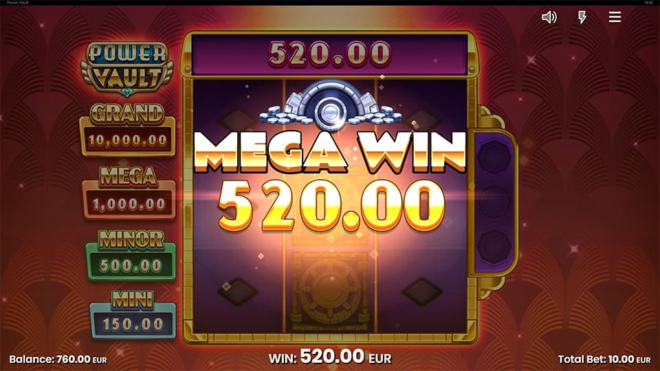 Mega Win screen in Power Vault slot displaying a €520 payout.