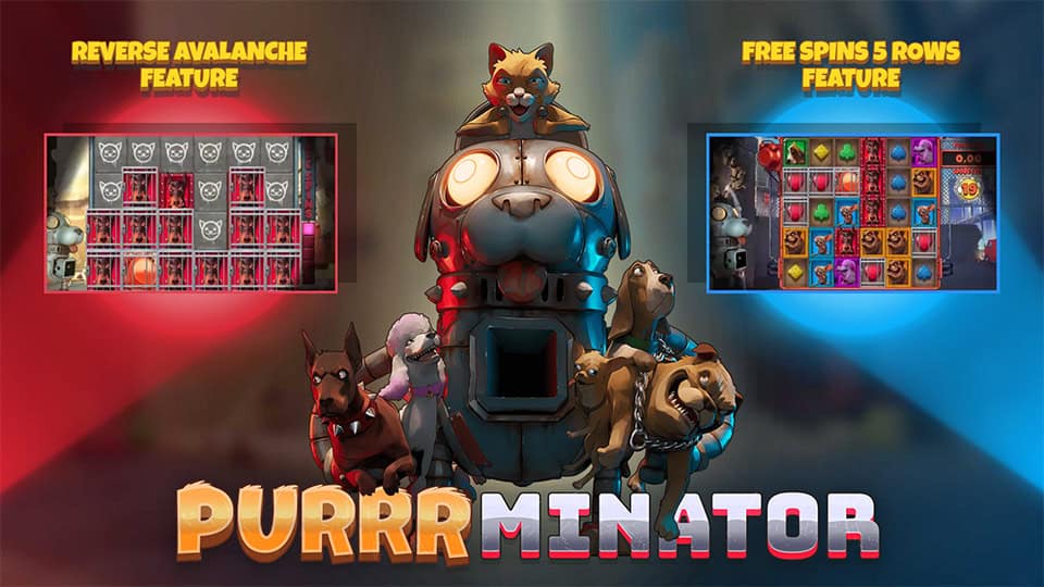 Homepage of Purrrminator slot introducing game features and bonus mechanics.