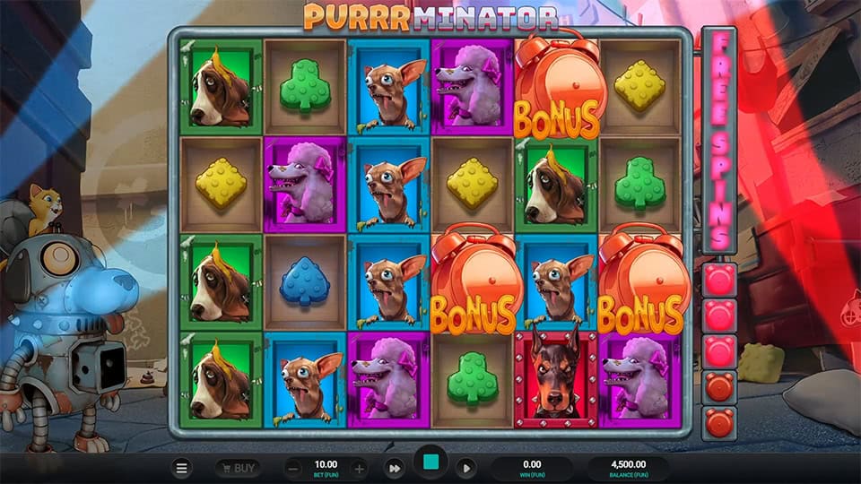 Three Bonus symbols appearing in Purrrminator slot, triggering the Free Spins bonus round.