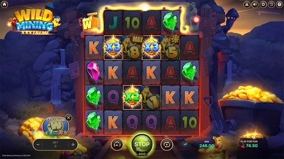 Wild Nuggets feature in Wild Mining XXXtreme slot showing multipliers of x2 and x3.