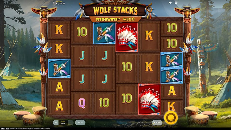 Preview of Wolf Stacks Megaways slot showing the reels and wolf-themed symbols in action.