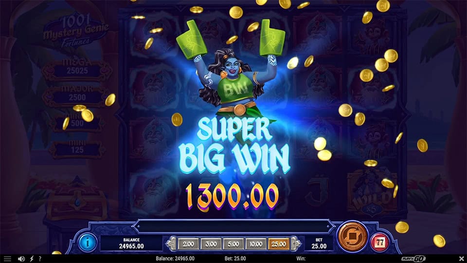 Super Big Win of 1,300 in 1001 Mystery Genie Fortunes slot with gold coins and the Genie celebrating.