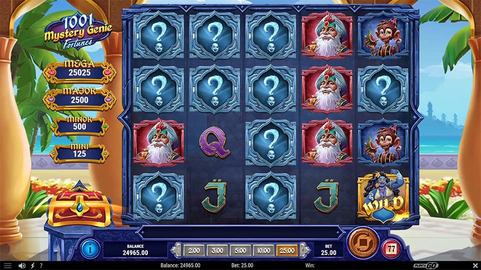 Mystery Symbols covering the reels in 1001 Mystery Genie Fortunes slot, revealing potential hidden wins.