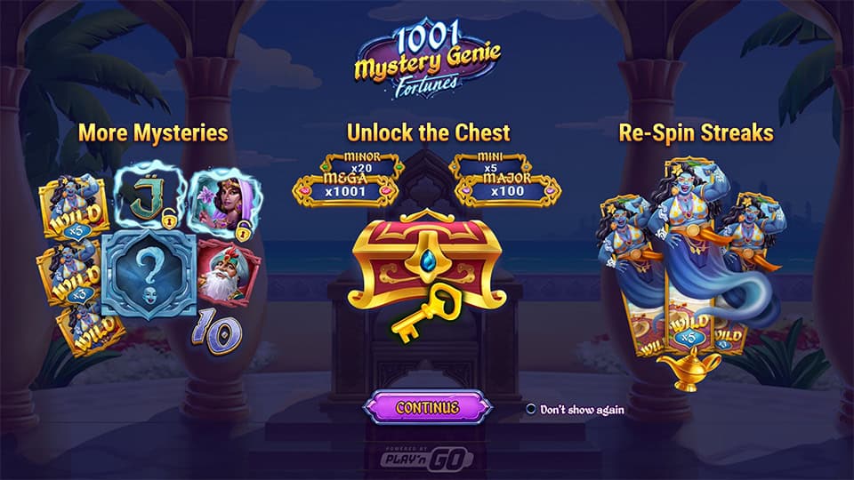 1001 Mystery Genie Fortunes slot homepage displaying key features, including More Mysteries, Unlock the Chest, and Re-Spin Streaks.