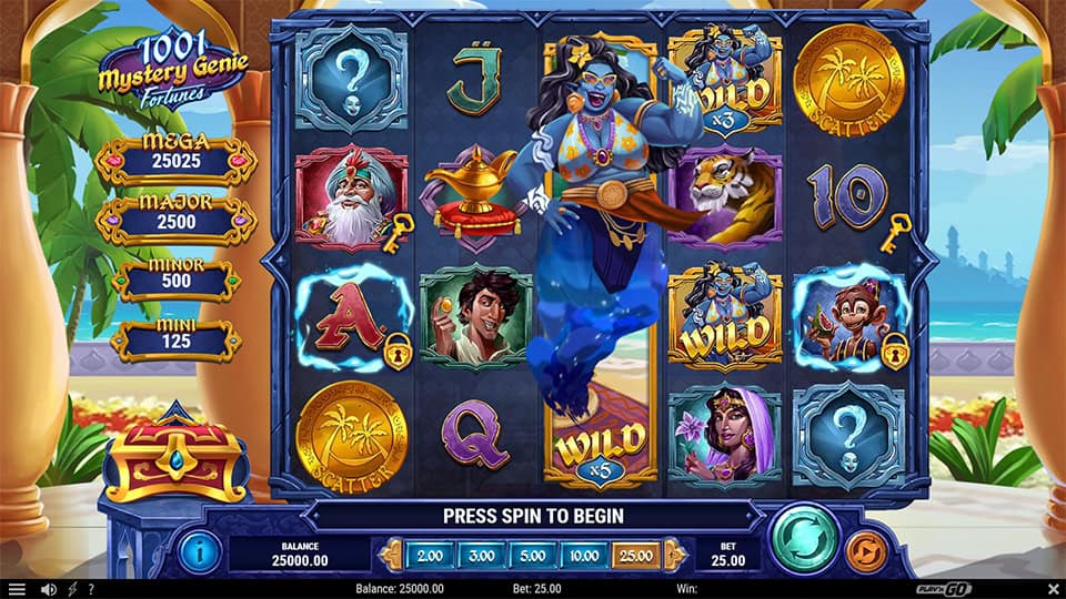 Gameplay view of 1001 Mystery Genie Fortunes slot featuring the reels, wild symbols, and jackpot indicators.