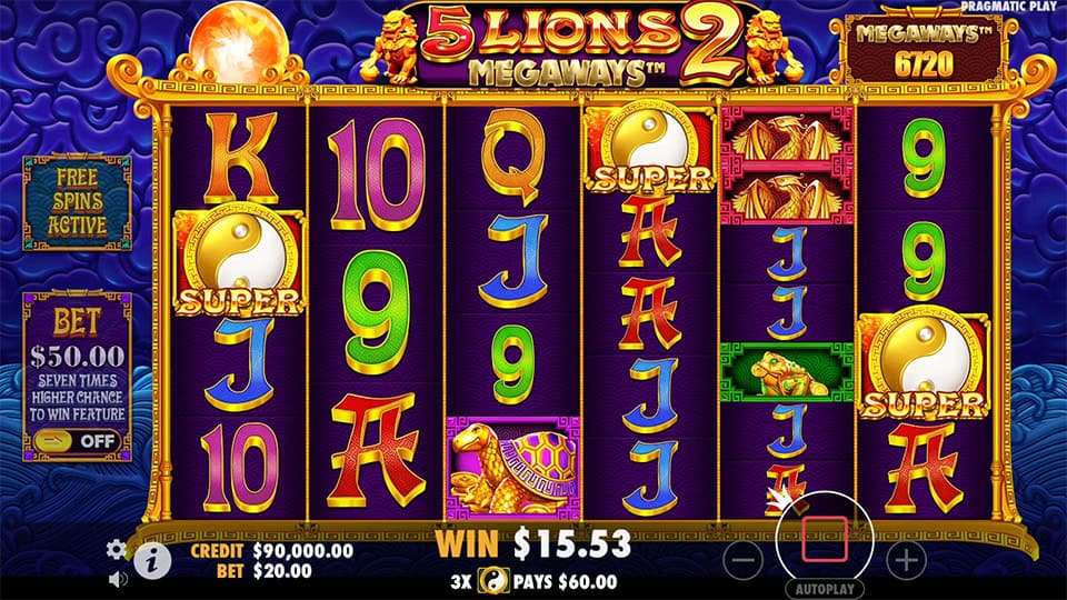 Three Super Scatter symbols appearing in 5 Lions Megaways 2 slot, triggering the Super Free Spins mode.