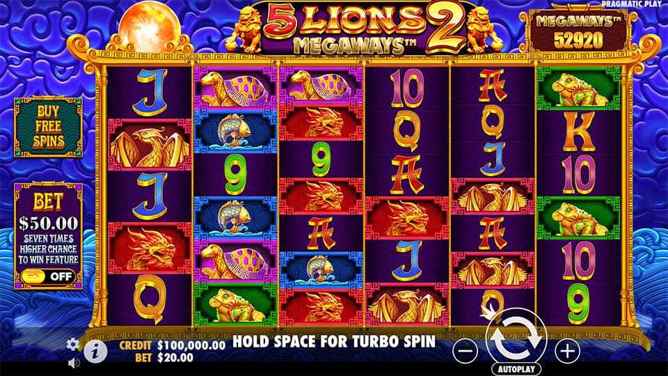 Preview of 5 Lions Megaways 2 slot showing the Megaways reels and golden lion symbols.