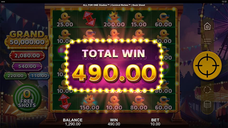 Total Win screen in Carnival Riches slot displaying a €490 payout.