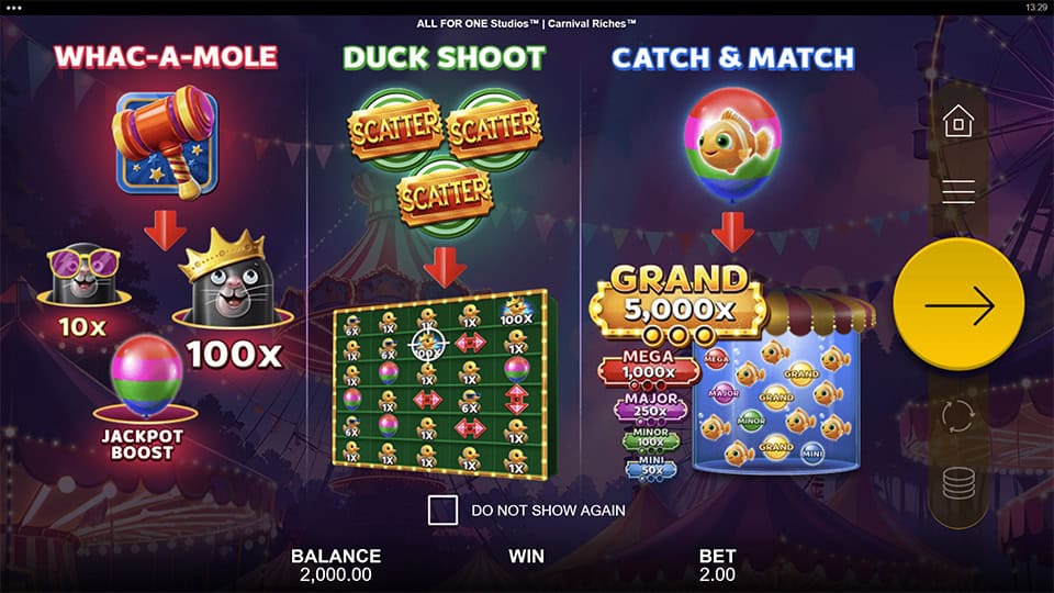 Homepage of Carnival Riches slot introducing game features and bonus mechanics.