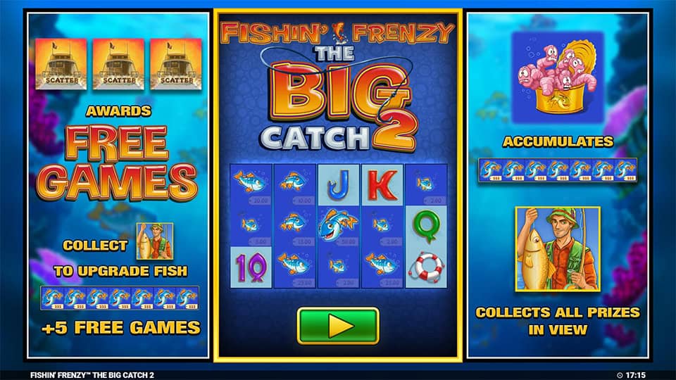 Homepage of Fishin' Frenzy The Big Catch 2 slot introducing game features and special mechanics.