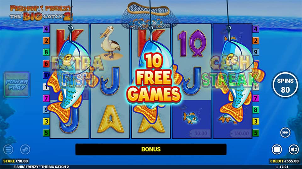 Pick a Fish feature in Fishin' Frenzy The Big Catch 2 slot selecting 10 Free Games to trigger the Free Spins Bonus.