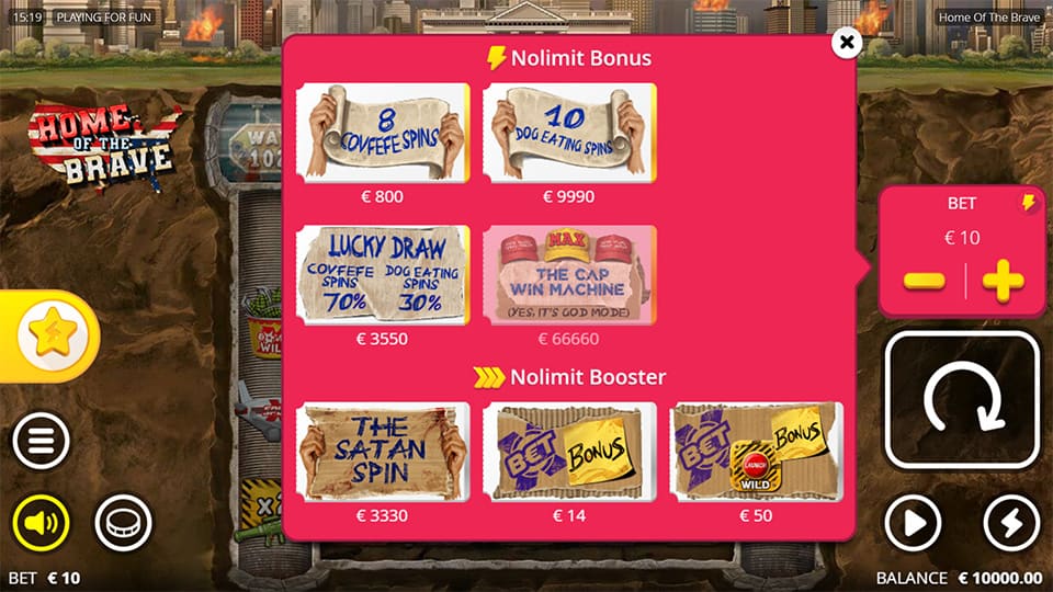 Bonus Buy options in Home of the Brave, including free spins and bonus modes.