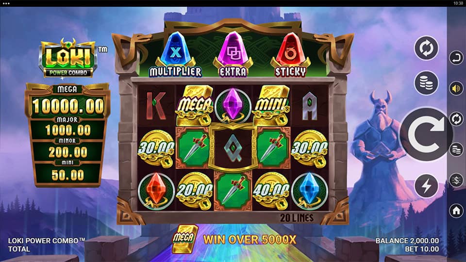 Preview of Loki Power Combo slot showing the reels and Norse god-themed symbols in action.